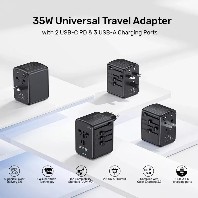 UNITEK Riad caricabatterie da viaggio EU/US/UK/AUS PD 35W