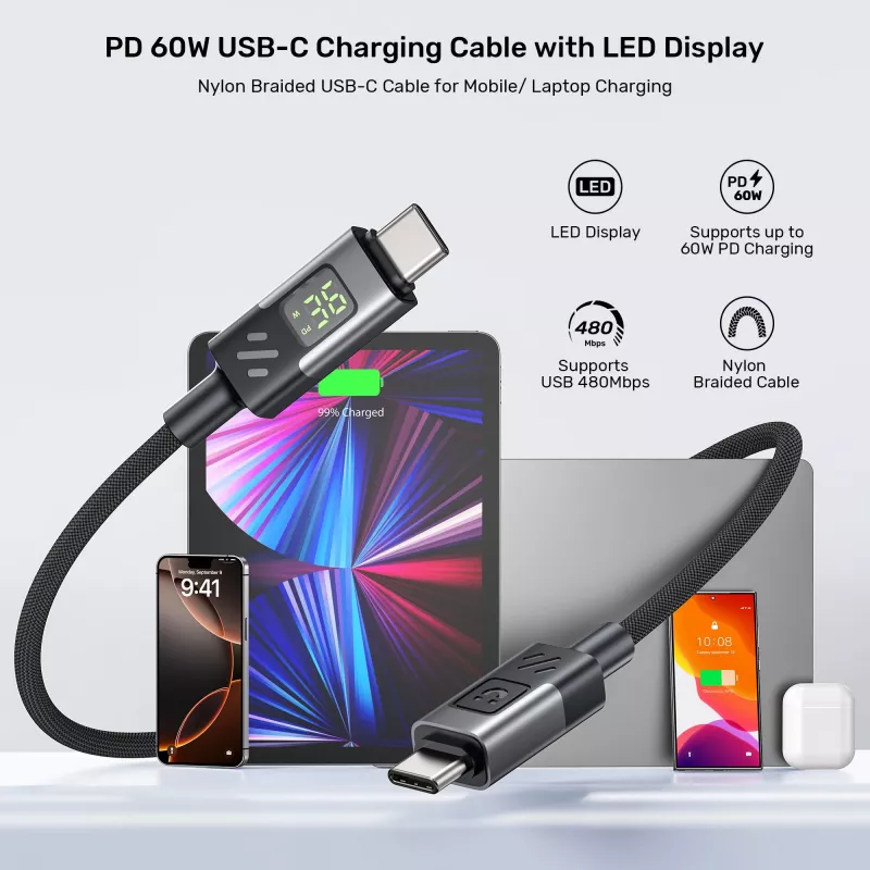 UNITEK Cavo USB-C a USB-C 60W PD 480Mbps con indicatore LED 3m intrecciato nero