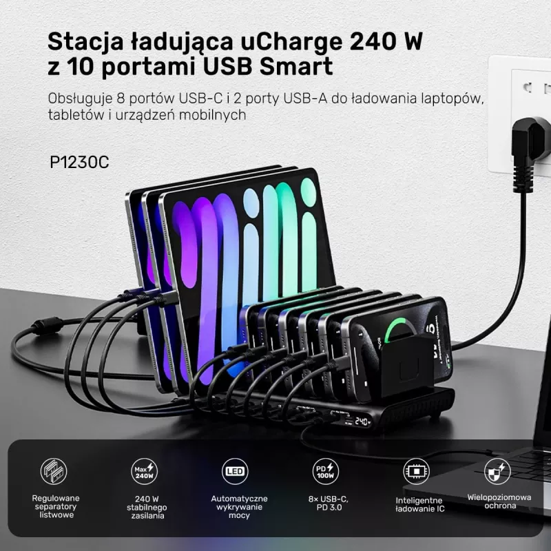 UNITEK Stazione di ricarica 10 porte USB-C e USB-A 240W