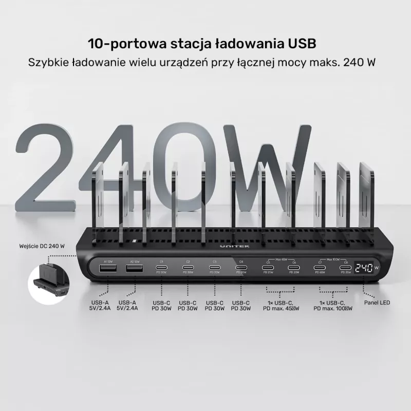 UNITEK Stazione di ricarica 10 porte USB-C e USB-A 240W