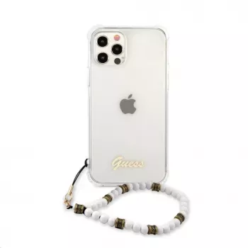 Guess Apple iPhone 12/12 Pro custodia PC Script e perle bianche trasparente