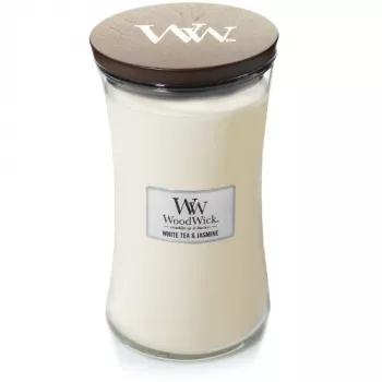 WoodWick White Tea & Jasmine candela profumata in vetro, media, 275g