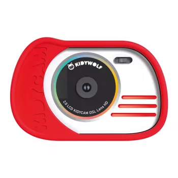 KIDYWOLF Fotocamera e videocamera rossa - Fotocamera digitale per bambini 8MP con LCD da 2,0 pollici, Full HD 1080p, zoom 4x, custodia in silicone antiurto, slot MicroSD, giochi integrati, batteria ricaricabile, cavo USB e cinturino