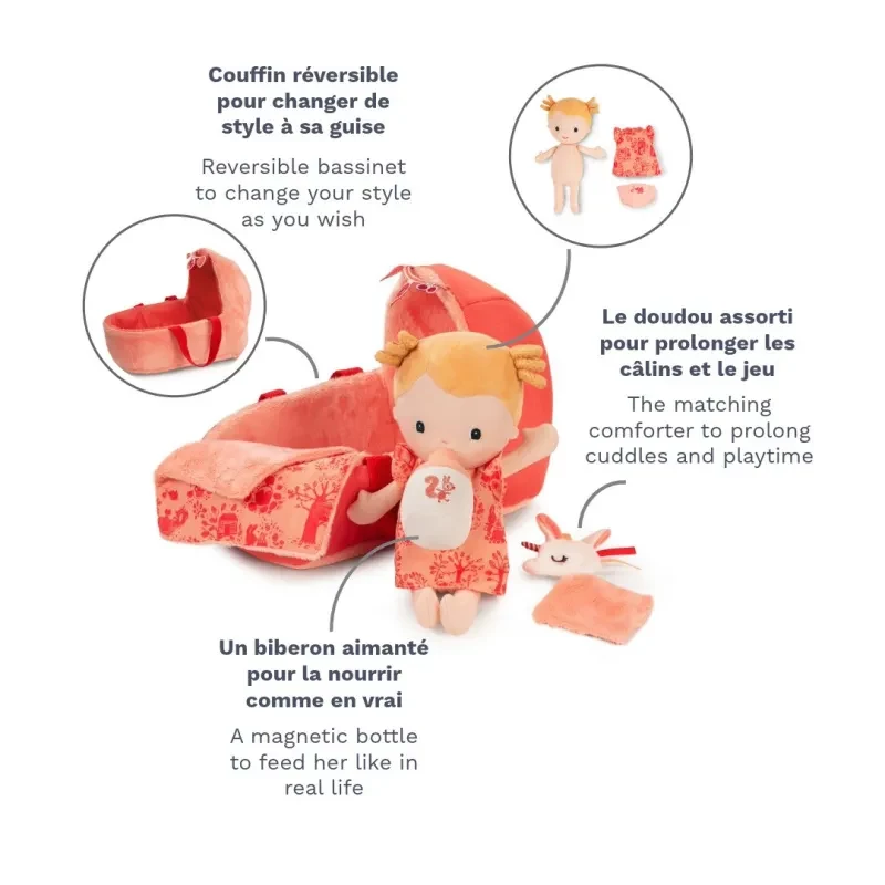 Lilliputiens Lena Set bambola con cesta porta bebè, doudou e biberon