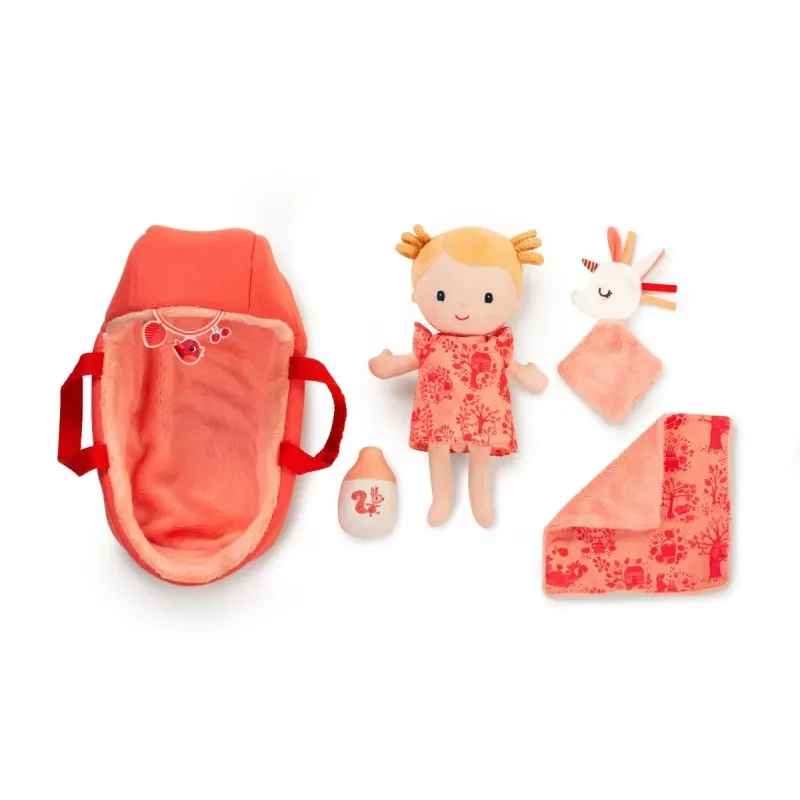 Lilliputiens Lena Set bambola con cesta porta bebè, doudou e biberon