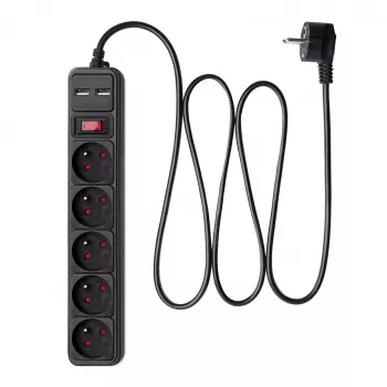 Akyga AK-SP-05U ciabatta con protezione da sovratensione, 5x CEE 7/5 (Type E), 2x USB-A, 1,8 m, nero