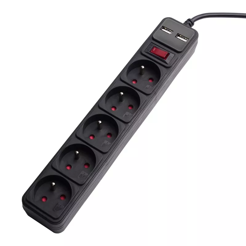 Akyga AK-SP-05U ciabatta con protezione da sovratensione, 5x CEE 7/5 (tipo E), 2x USB-A, 1,8 m, nero