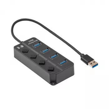 Akyga AK-AD-33 hub USB 3.0 attivo, 4 porte con interruttori singoli, 15 cm, nero
