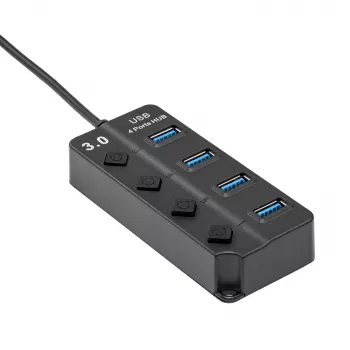 Akyga AK-AD-33 hub USB 3.0 attivo, 4 porte con interruttori singoli, 15 cm, nero