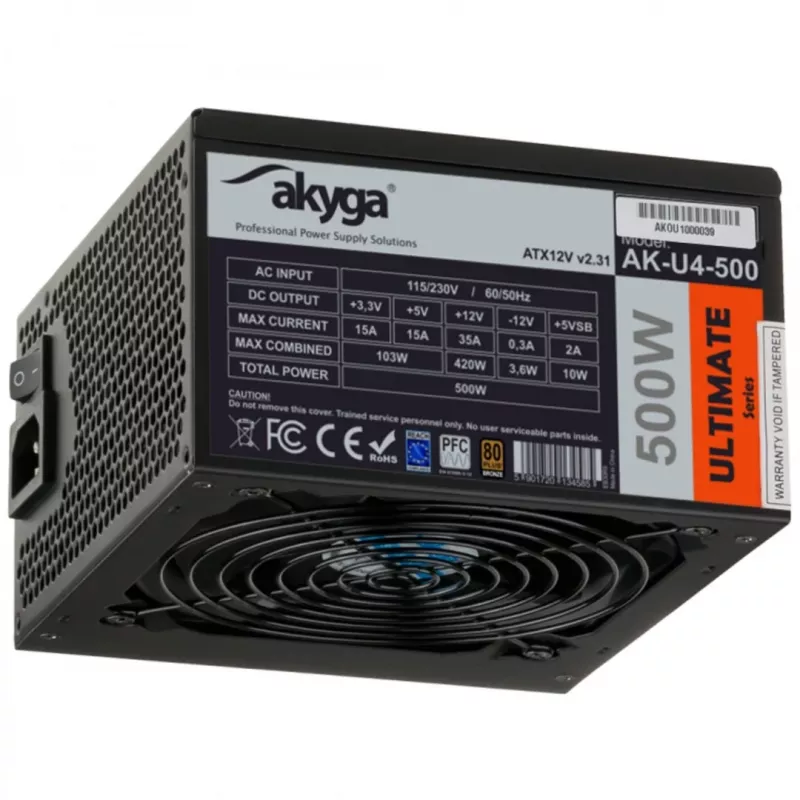 Akyga Ultimate AK-U4-500 alimentatore ATX 500 W, 80 PLUS Bronze, PFC attivo, ventola 120 mm