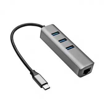Hub USB-C Akyga AK-AD-66 con 3x USB 3.0 e Gigabit Ethernet, 15 cm, nero