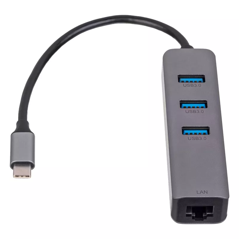 Hub USB-C Akyga AK-AD-66 con 3x USB 3.0 e Gigabit Ethernet, 15 cm, nero