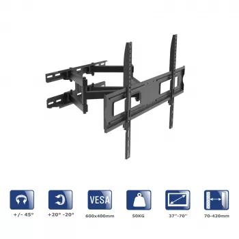 Akyga AK-MB-10 supporto TV da parete orientabile, 37-70 pollici, 50 kg, VESA 600x400, rotazione ±45°, inclinazione ±20°, nero