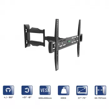 Akyga AK-MB-11 supporto TV da parete orientabile, 37-75 pollici, 40 kg, VESA 600x400, rotazione ±90°, nero