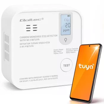 Qoltec Rilevatore wireless certificato di monossido di carbonio (CO) con batteria, rilevatore CO, TUYA, Wi-Fi, sensore con durata 10 anni, allarme 85dB, LED