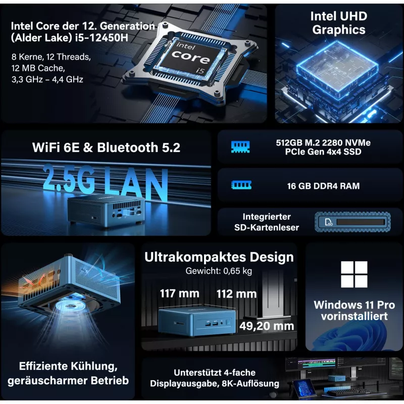 GEEKOM IT12 Mini PC, Intel Core i7-1260P, 16GB RAM, 500GB SSD, Windows 11 Pro, blu
