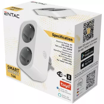 ENTAC adattatore doppia presa smart WiFi ES-DSA-WIBLE, bianco, 2 prese, 3680 W