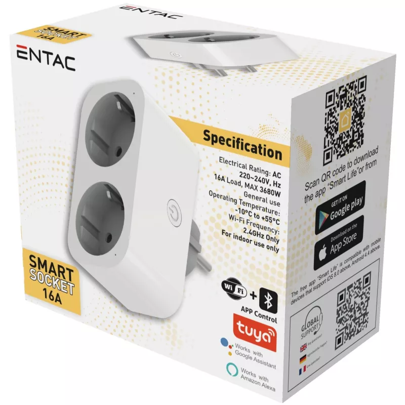 ENTAC adattatore doppia presa smart WiFi ES-DSA-WIBLE, bianco, 2 prese, 3680 W