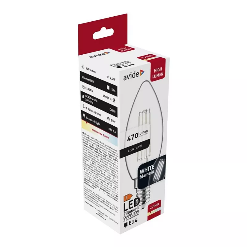Avide lampadina LED filamento candela 4,5W E14 bianco caldo 2700K
