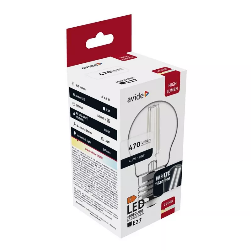 Avide Lampadina LED White Filament Mini Globe 4,5W E27 bianco caldo 2700K