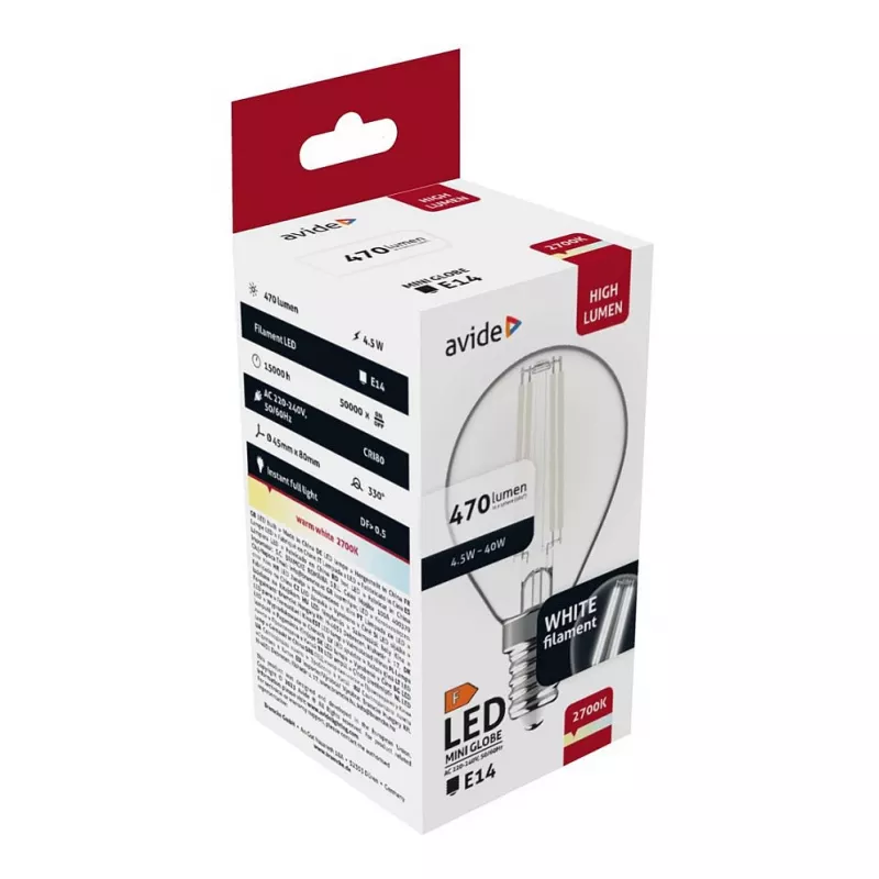 Avide lampadina LED filamento Mini Globe 4,5W E14 bianco caldo 2700K