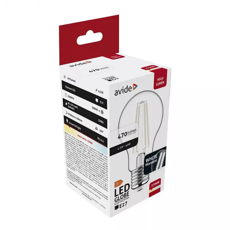 Avide lampadina LED filamento Globe 4,5W E27 bianco caldo 2700K