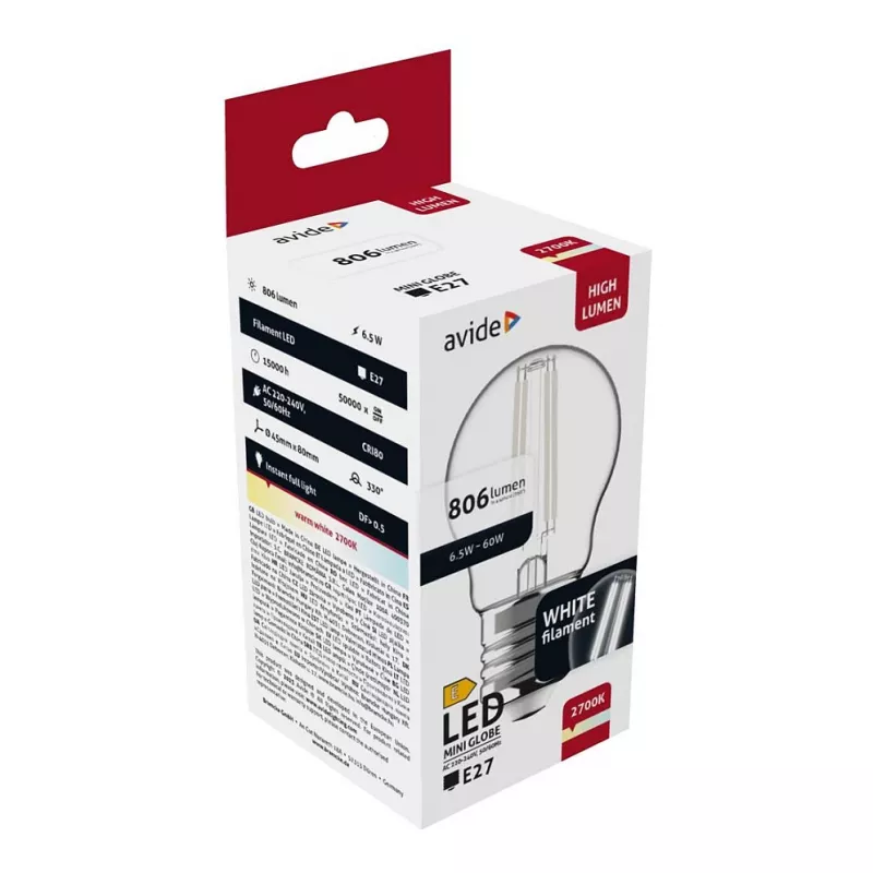 Avide lampadina LED filamento Mini Globe 6,5W E27 bianco caldo 2700K