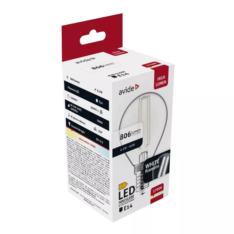 Avide Lampadina LED White Filament Mini Globe 6,5W E14 bianco caldo 2700K