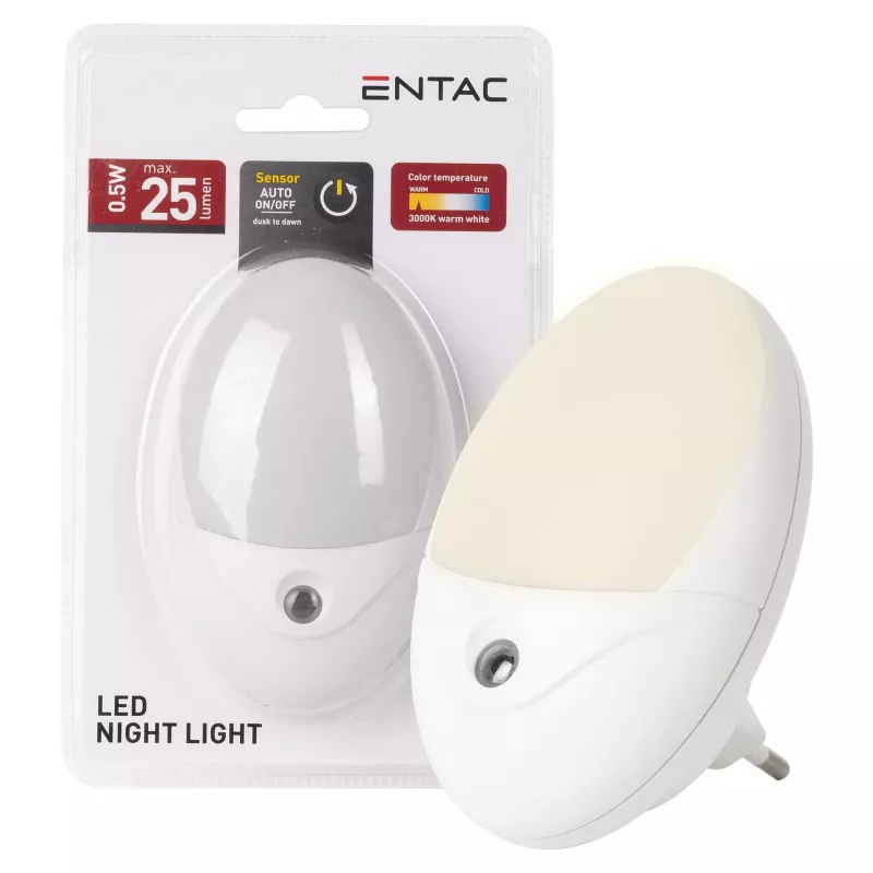 ENTAC luce notturna LED 0,5W ovale bianco caldo con sensore crepuscolare