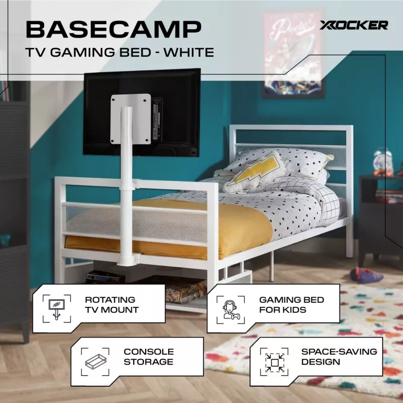 XROCKER letto singolo da gaming 90x190cm con supporto TV metallo bianco