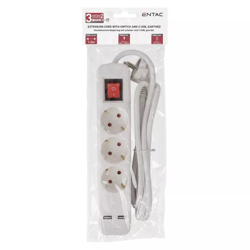 Ciabatta ENTAC 3 prese con USB 1,5m interruttore bianco