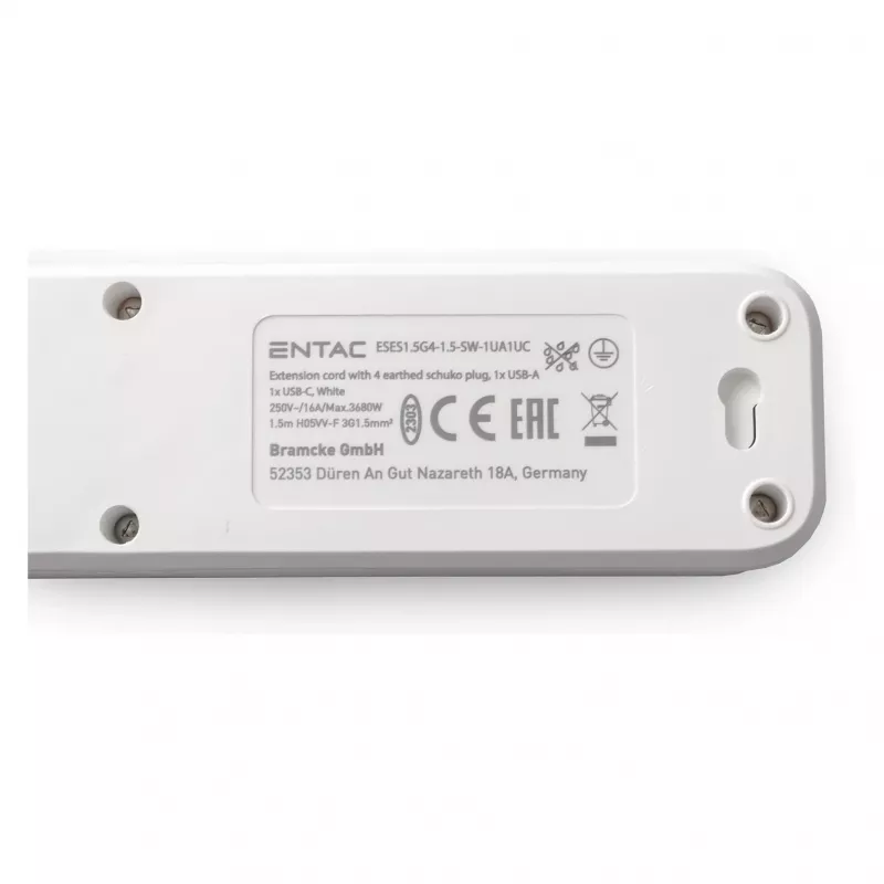 ENTAC Ciabatta 4 prese con 1x USB-A e 1x USB-C, 1,5 m bianca