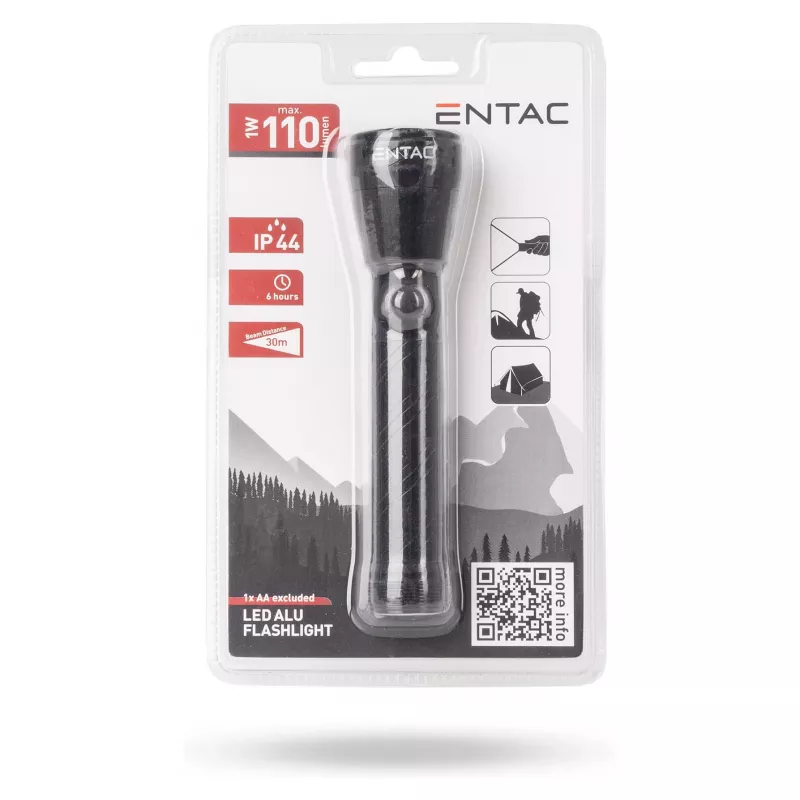 ENTAC Torcia LED 1W alluminio nera batteria AA