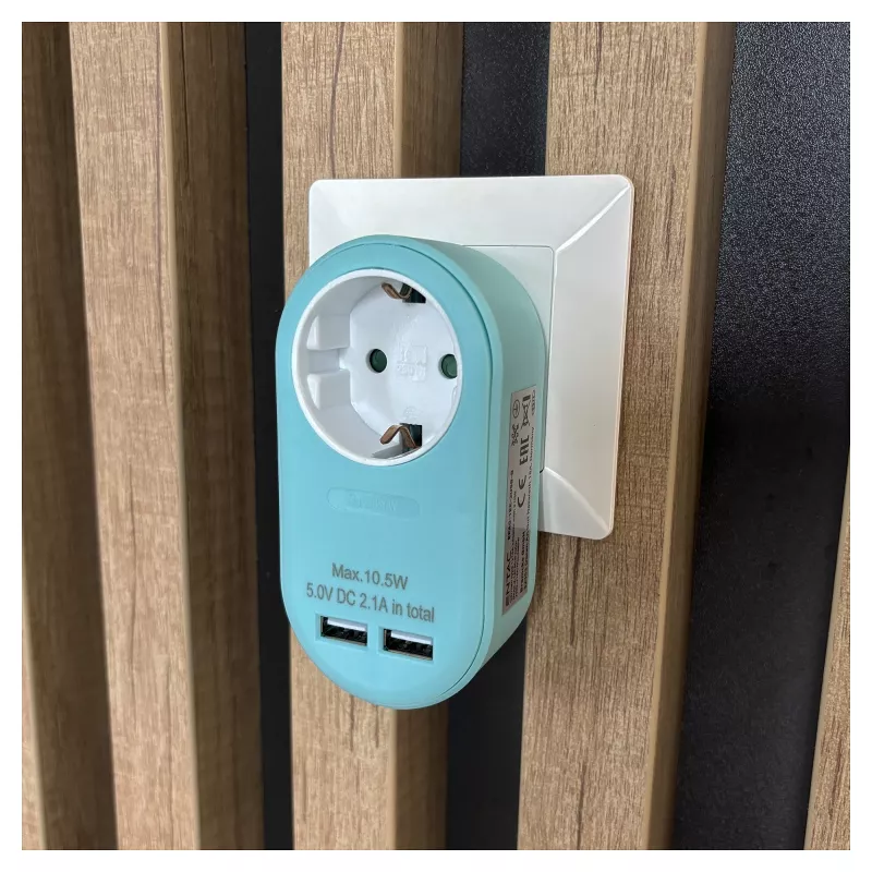 ENTAC Adattatore da presa con 2x USB-A blu