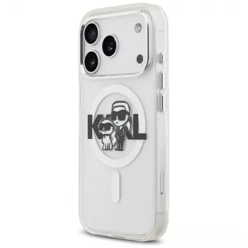 Karl Lagerfeld IML Glitter Karl & Choupette Sketch Logo Cover MagSafe per iPhone 17 Pro, Trasparente