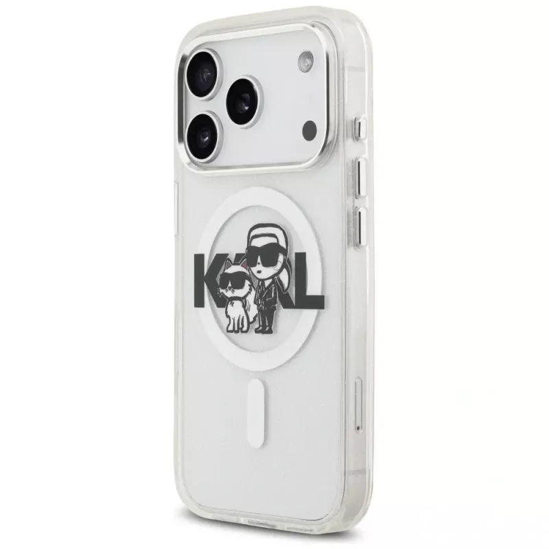 Karl Lagerfeld IML Glitter Karl & Choupette Sketch Logo Cover MagSafe per iPhone 17 Pro, Trasparente