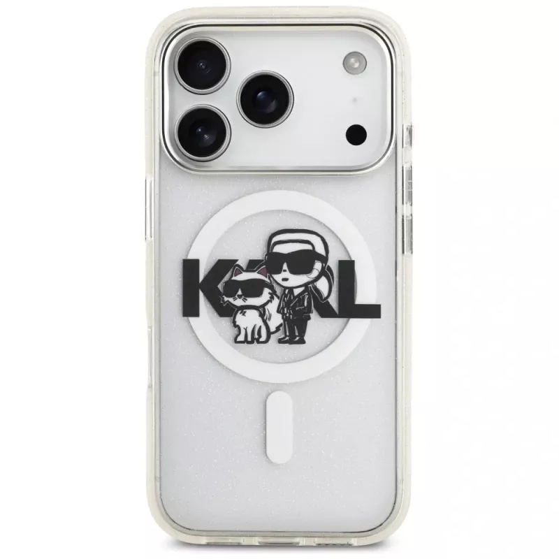 Karl Lagerfeld IML Glitter Karl & Choupette Sketch Logo Cover MagSafe per iPhone 17 Pro, Trasparente