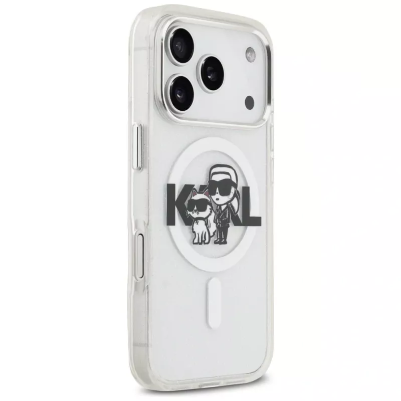 Karl Lagerfeld IML Glitter Karl & Choupette Sketch Logo Cover MagSafe per iPhone 17 Pro, Trasparente