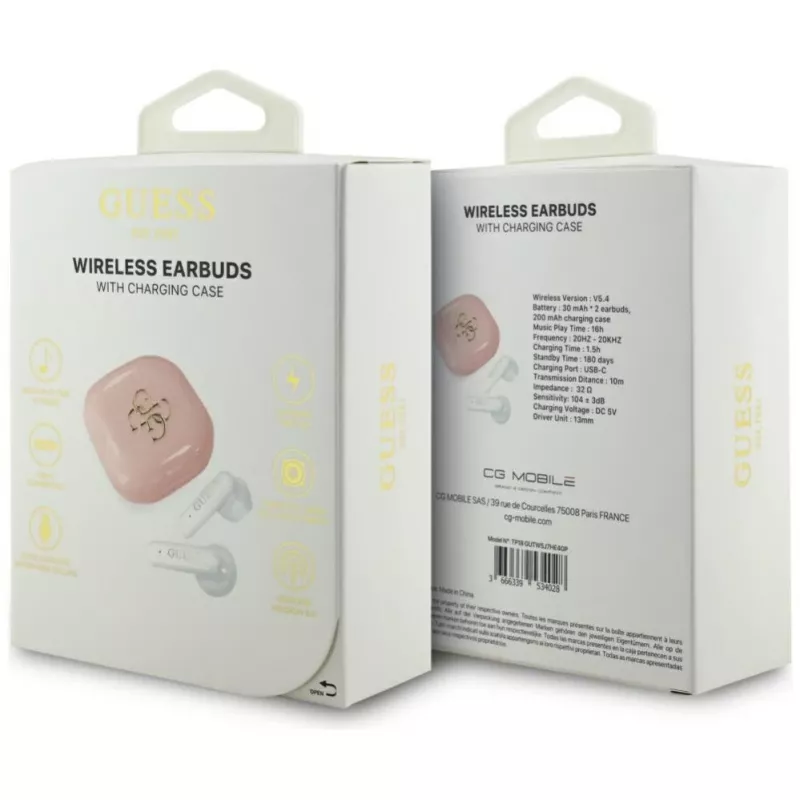 Guess 4G Metal Logo Auricolari Bluetooth 5.0 True Wireless Stereo con Custodia di Ricarica - Rosa