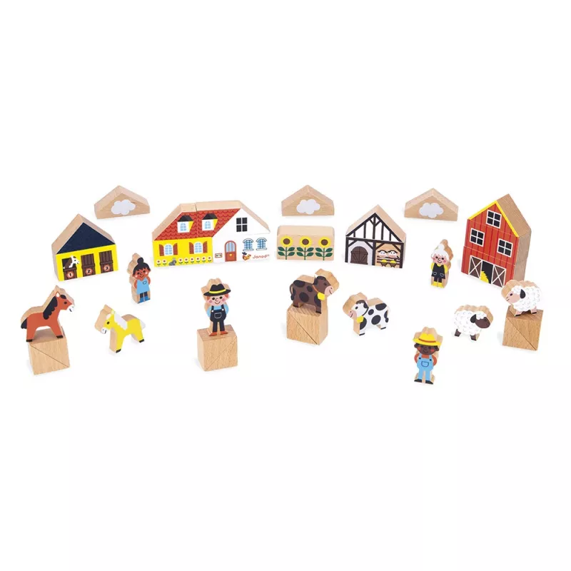 Janod Mattoncini in legno e personaggi set 34 pezzi Villaggio Incrocio 2+