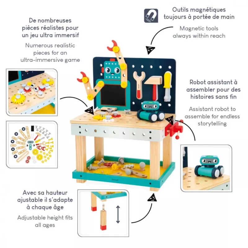 Janod Brico'Kids Robot banco da lavoro magnetico in legno giocattolo per bambini da 3 anni - 40 pezzi