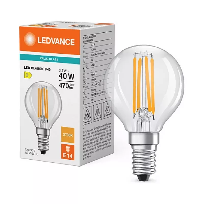 Osram LED Classic P 40 Filament 3.4W 827 Trasparente E14 Lampada LED, Mini Globe