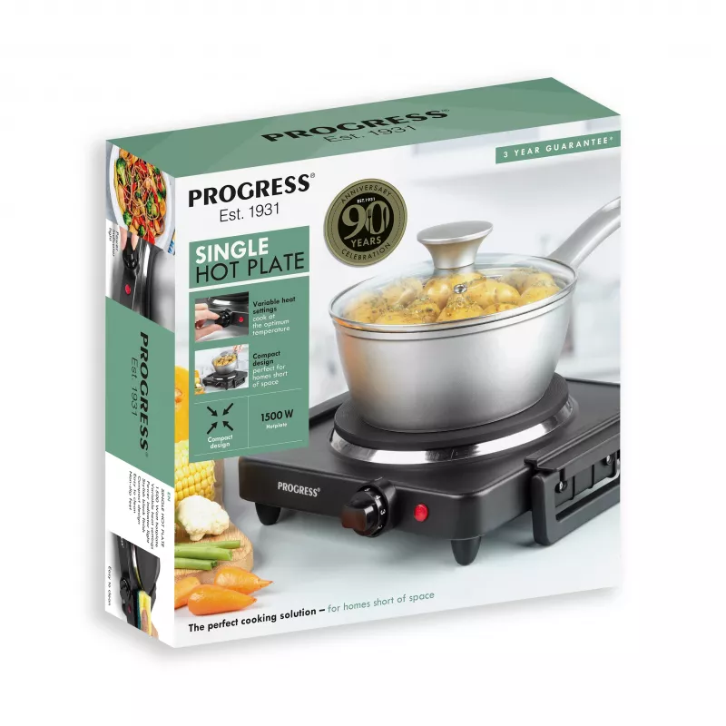 Progress EK4353PFVDE Piastra cottura singola 1500W piastra in ghisa corpo in acciaio inox nero e argento