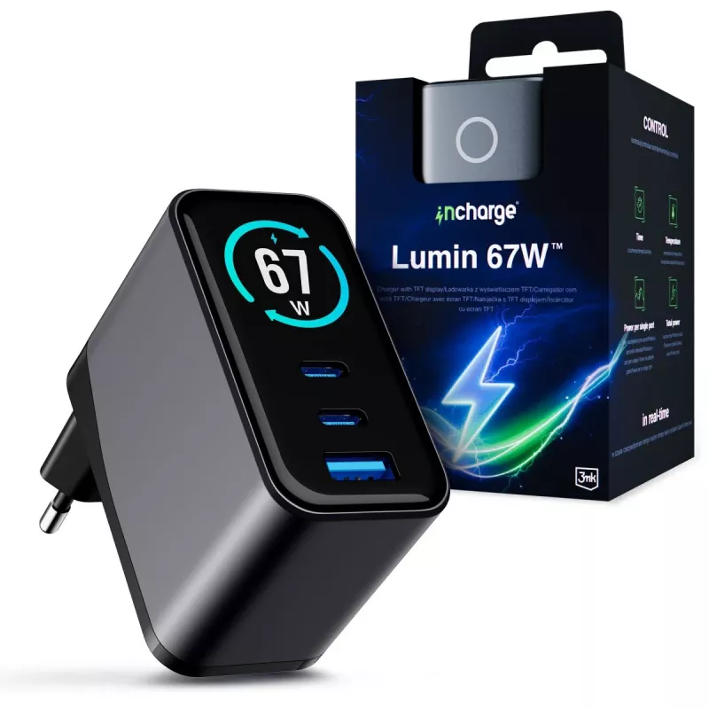 3mk InCharge Lumin 67W QC4+ display nero/grigio