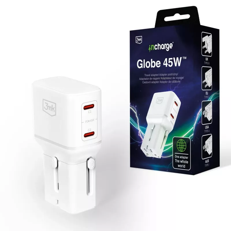 3mk incharge® Globe 45W™ 2C PD QC4+ PPS SCP AFC US/EU/AUS/UK bianco