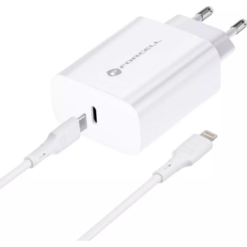 FORCELL F-ENERGY TFK-TC-20WPD alimentatore USB-C con cavo USB-C a Lightning, 20W PD QC4.0, 3A, bianco