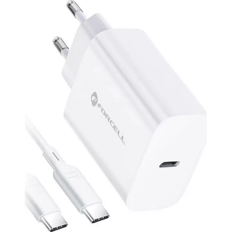FORCELL F-ENERGY TFK-TC-25WPD caricatore da parete USB-C 25W PD QC 3.0 con cavo USB-C a USB-C 3A bianco