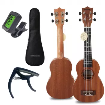 MOZOS GECKO Set ukulele soprano – legno naturale, 12 tasti, corde in nylon, incl. gigbag, accordatore, plettri, tracolla, corde di ricambio, panno per la pulizia