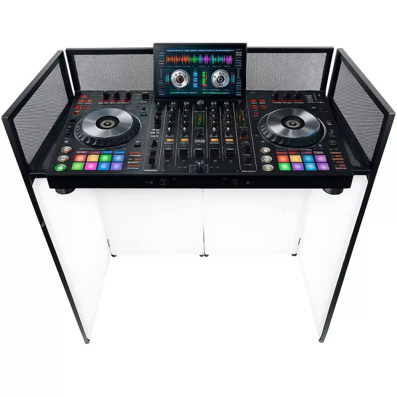 MOZOS EPDJ-100 Facciata da palco DJ con tavolo - schermo grande, pannello bianco, cornice nera