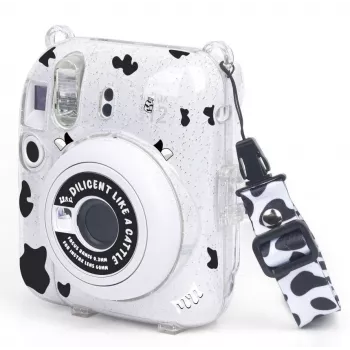 LOVEINSTANT Custodia per Fujifilm Instax Mini 12 - Macchia di vacca glitter con adesivi e borsa per foto